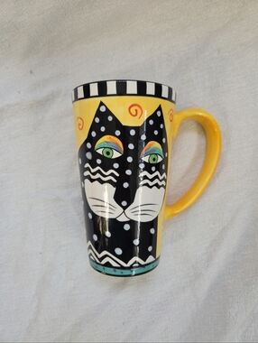 Laurel Burch Yellow & Black Cat Ceramic Mug with Colorful Eye Accents
